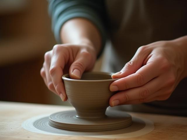 職人の手が陶器を形作るクローズアップ